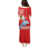 Custom Hawaii Mele Kalikimaka Puletasi Santa Riding The DolPhin Mix Kakau Pattern Red Style LT03 - Polynesian Pride