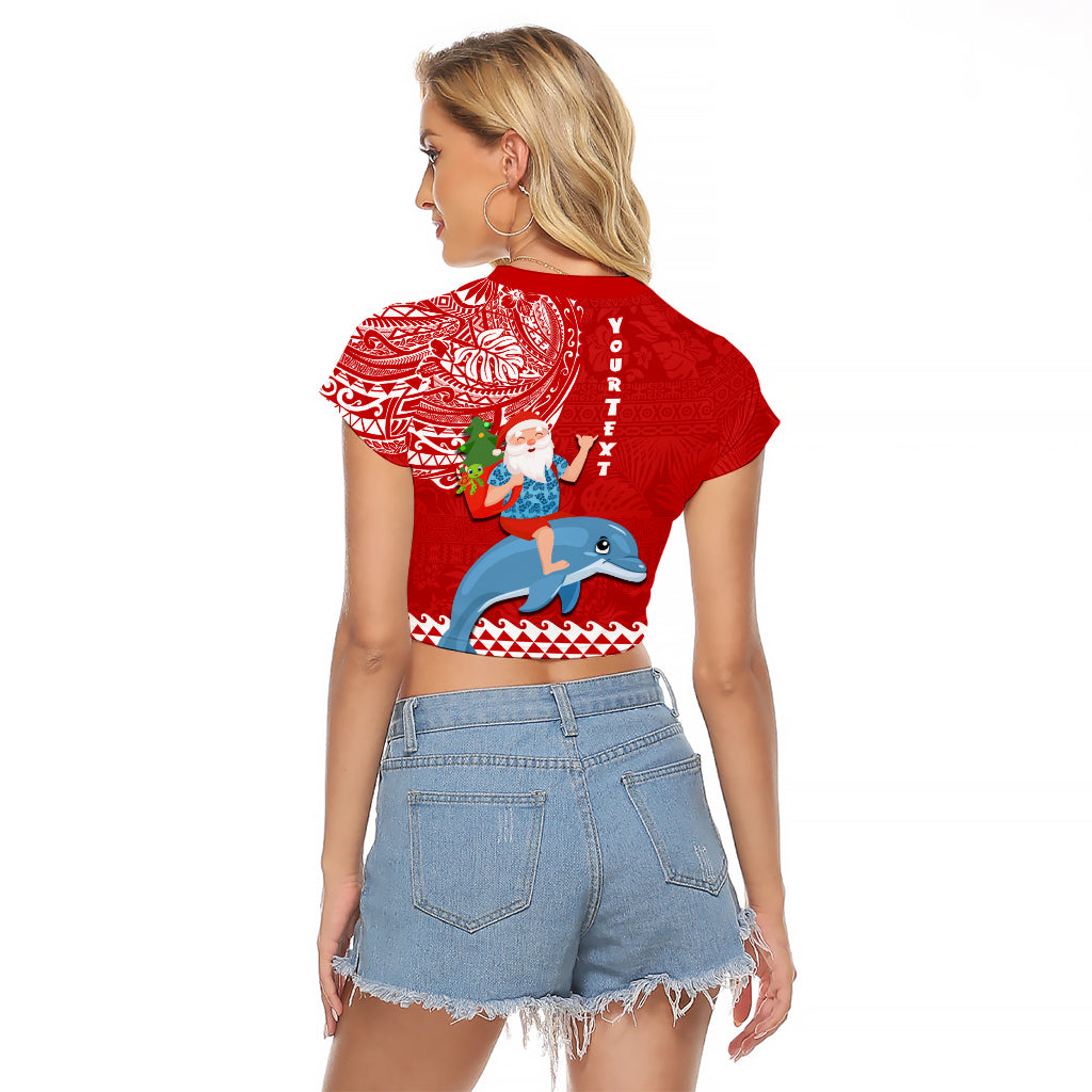 Custom Hawaii Mele Kalikimaka Raglan Cropped T Shirt Santa Riding The DolPhin Mix Kakau Pattern Red Style LT03 - Polynesian Pride
