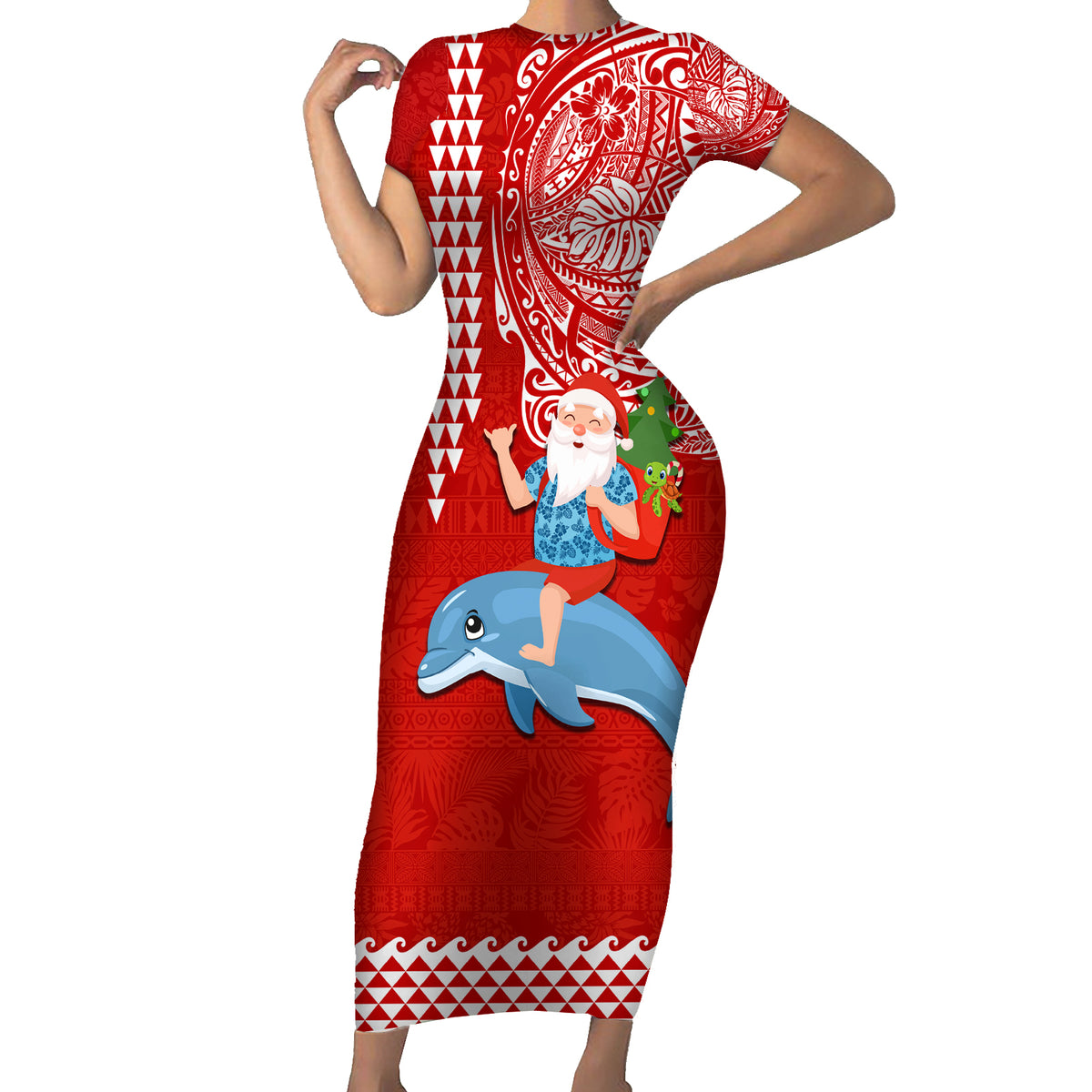 Custom Hawaii Mele Kalikimaka Short Sleeve Bodycon Dress Santa Riding The DolPhin Mix Kakau Pattern Red Style LT03 Long Dress Red - Polynesian Pride
