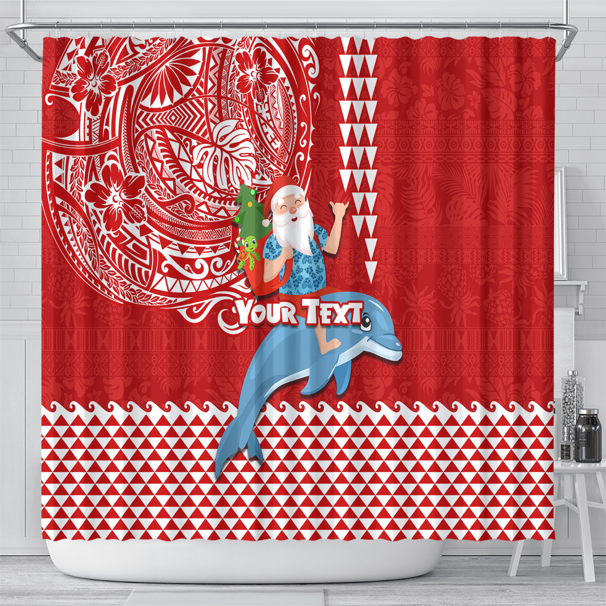 Custom Hawaii Mele Kalikimaka Shower Curtain Santa Riding The DolPhin Mix Kakau Pattern Red Style LT03 - Polynesian Pride