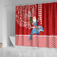 Custom Hawaii Mele Kalikimaka Shower Curtain Santa Riding The DolPhin Mix Kakau Pattern Red Style LT03 - Polynesian Pride