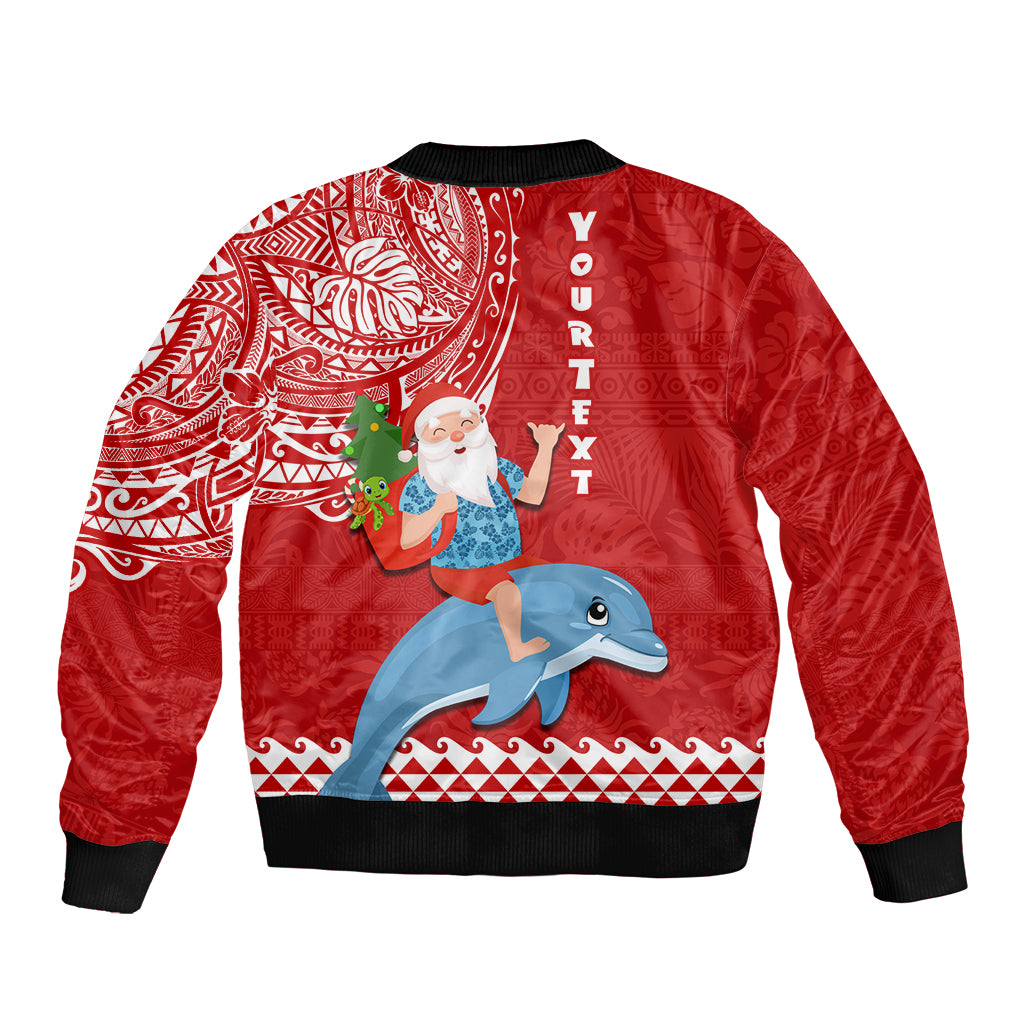 Custom Hawaii Mele Kalikimaka Sleeve Zip Bomber Jacket Santa Riding The DolPhin Mix Kakau Pattern Red Style LT03 - Polynesian Pride