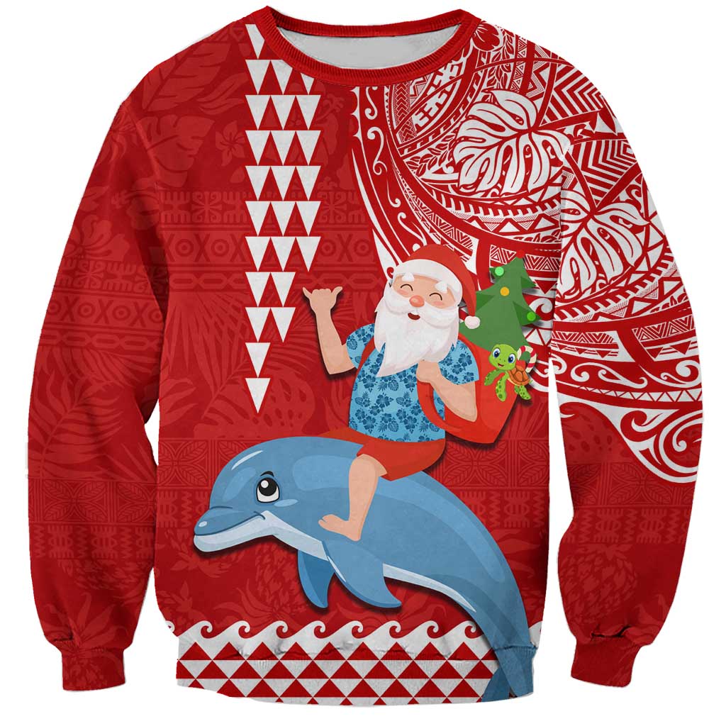 Custom Hawaii Mele Kalikimaka Sweatshirt Santa Riding The DolPhin Mix Kakau Pattern Red Style LT03 Unisex Red - Polynesian Pride