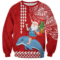 Custom Hawaii Mele Kalikimaka Sweatshirt Santa Riding The DolPhin Mix Kakau Pattern Red Style LT03 Unisex Red - Polynesian Pride