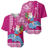 Hawaii Mele Kalikimaka Baseball Jersey Santa Riding The DolPhin Mix Kakau Pattern Pink Style LT03 - Polynesian Pride