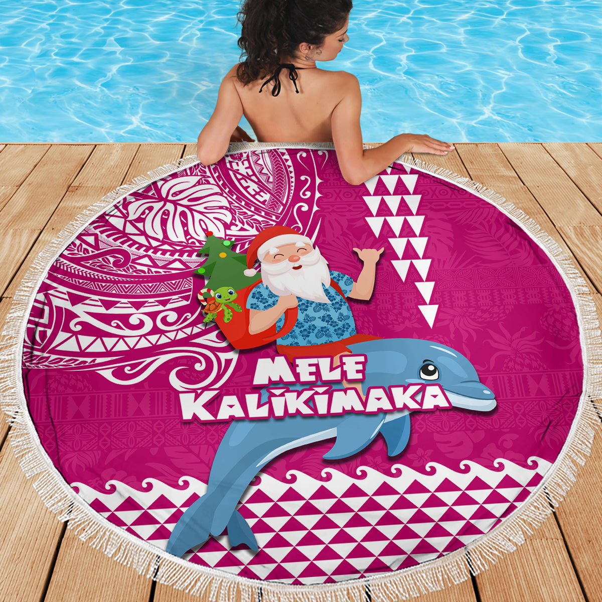 Hawaii Mele Kalikimaka Beach Blanket Santa Riding The DolPhin Mix Kakau Pattern Pink Style LT03 - Polynesian Pride