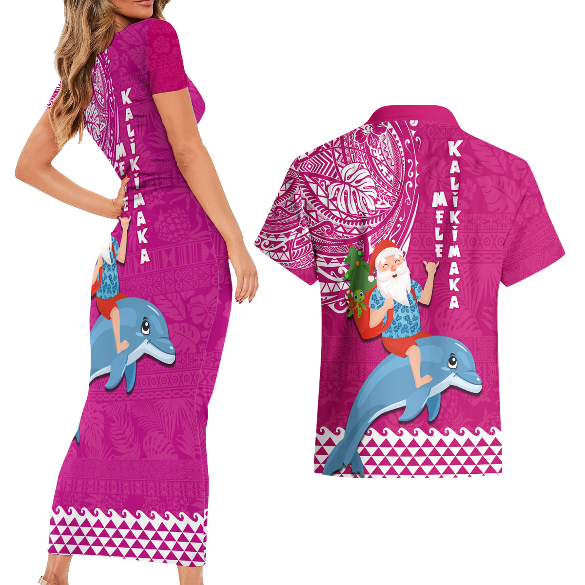 Hawaii Mele Kalikimaka Couples Matching Short Sleeve Bodycon Dress and Hawaiian Shirt Santa Riding The DolPhin Mix Kakau Pattern Pink Style LT03 - Polynesian Pride