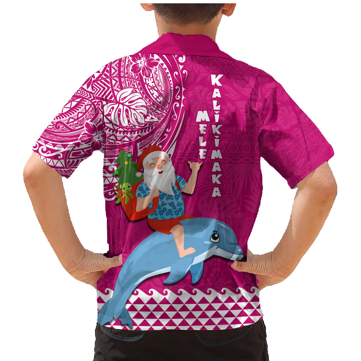 Hawaii Mele Kalikimaka Family Matching Mermaid Dress and Hawaiian Shirt Santa Riding The DolPhin Mix Kakau Pattern Pink Style LT03 - Polynesian Pride