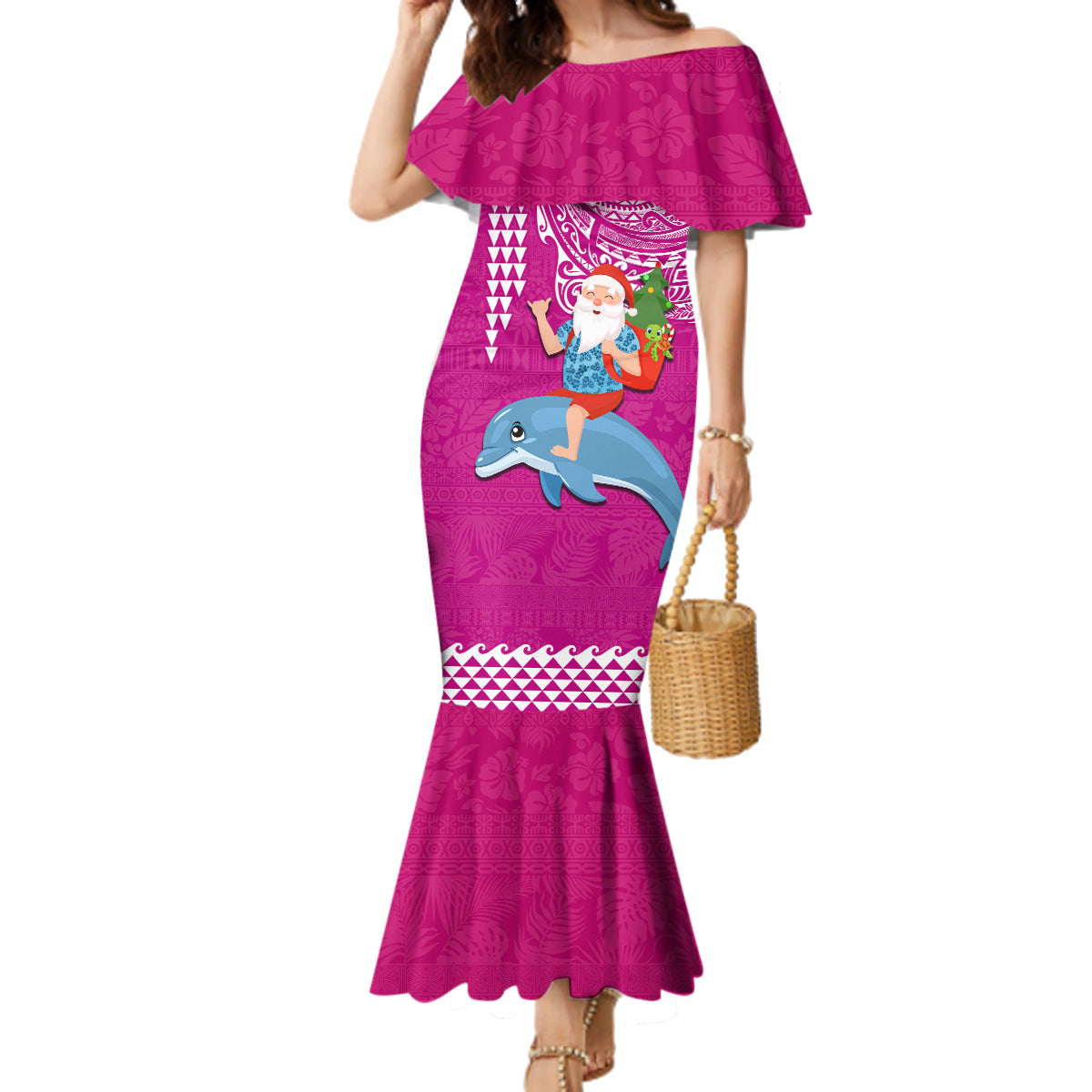 Hawaii Mele Kalikimaka Family Matching Mermaid Dress and Hawaiian Shirt Santa Riding The DolPhin Mix Kakau Pattern Pink Style LT03 Mom's Dress Pink - Polynesian Pride