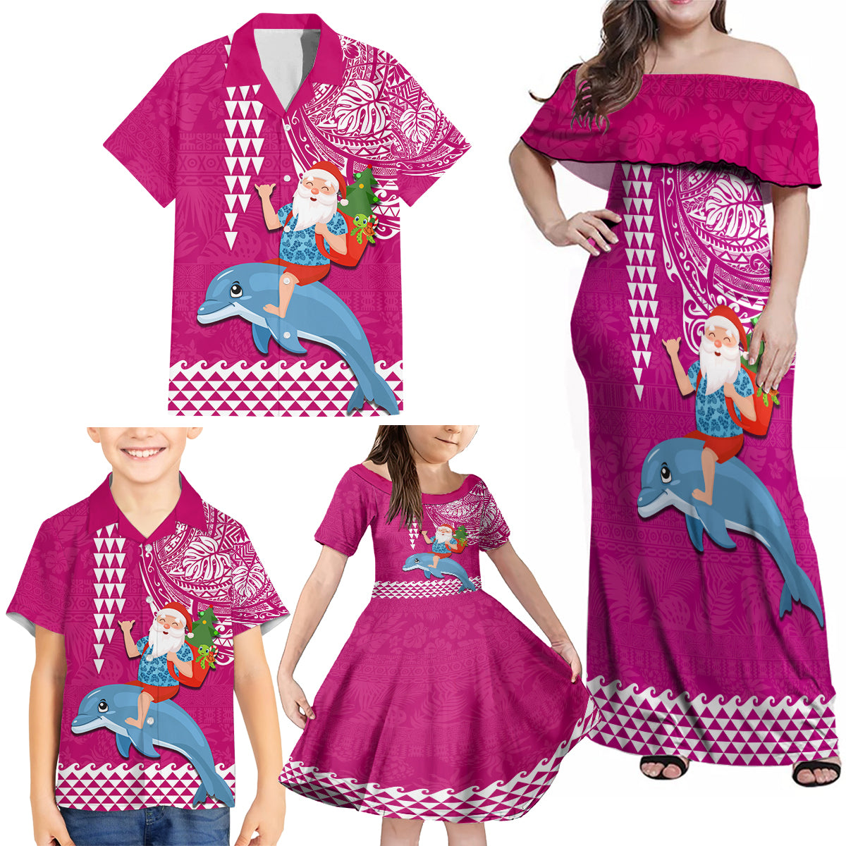 Hawaii Mele Kalikimaka Family Matching Off Shoulder Maxi Dress and Hawaiian Shirt Santa Riding The DolPhin Mix Kakau Pattern Pink Style LT03 - Polynesian Pride