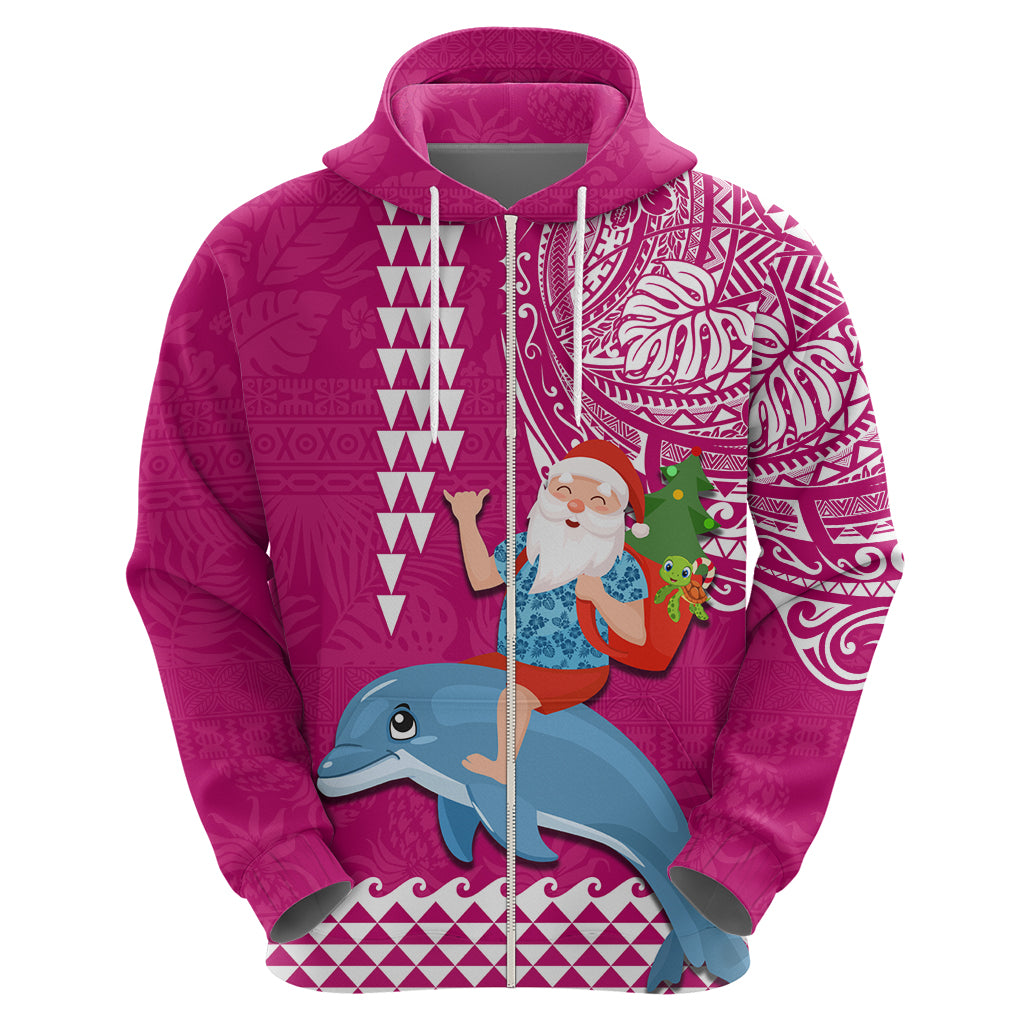 Hawaii Mele Kalikimaka Hoodie Santa Riding The DolPhin Mix Kakau Pattern Pink Style LT03 - Polynesian Pride