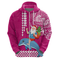 Hawaii Mele Kalikimaka Hoodie Santa Riding The DolPhin Mix Kakau Pattern Pink Style LT03 - Polynesian Pride