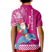 Hawaii Mele Kalikimaka Kid Polo Shirt Santa Riding The DolPhin Mix Kakau Pattern Pink Style LT03 - Polynesian Pride
