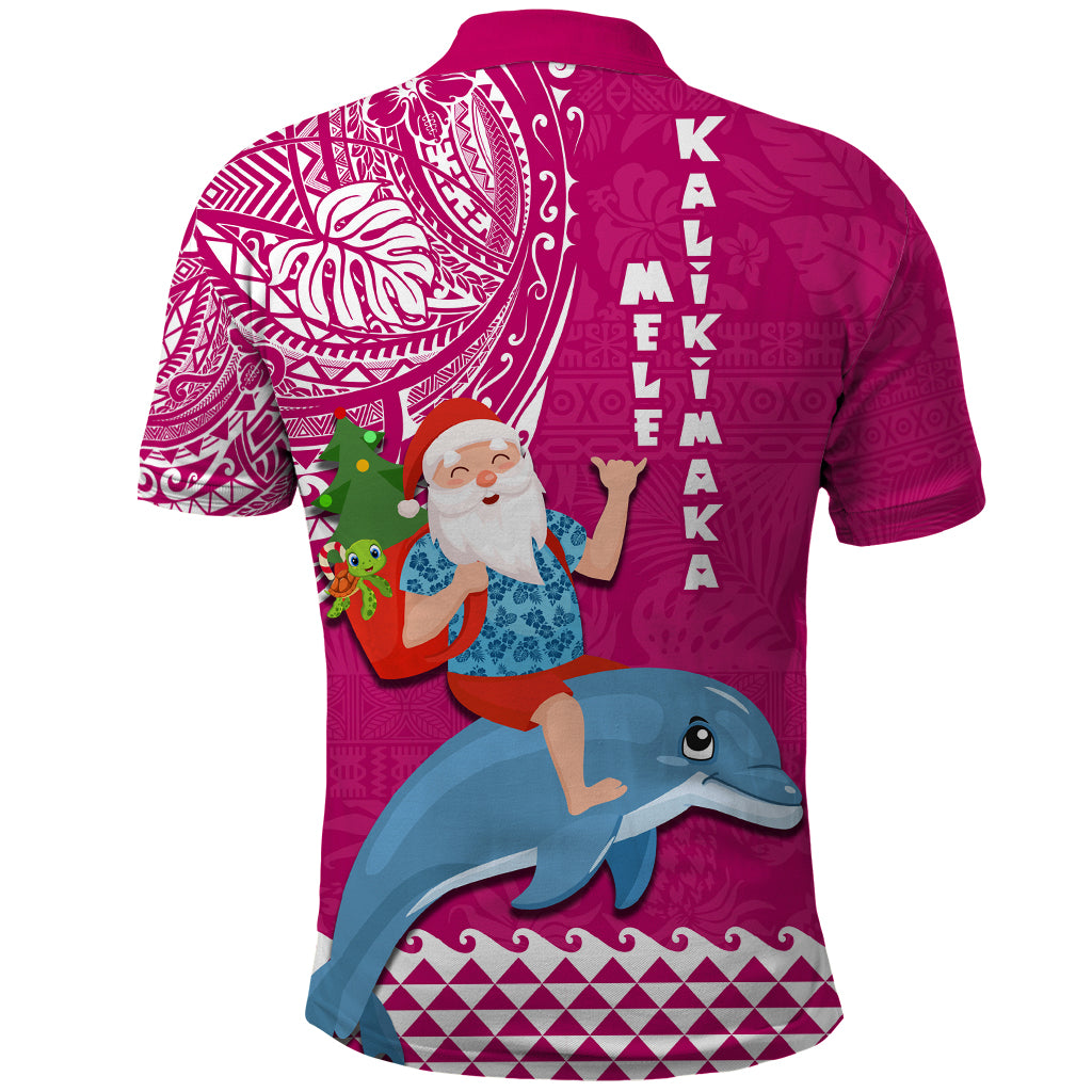 Hawaii Mele Kalikimaka Polo Shirt Santa Riding The DolPhin Mix Kakau Pattern Pink Style LT03 - Polynesian Pride