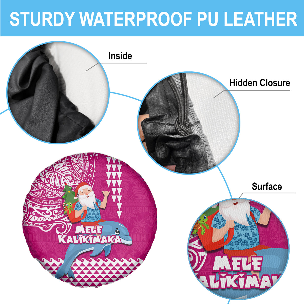 Hawaii Mele Kalikimaka Spare Tire Cover Santa Riding The DolPhin Mix Kakau Pattern Pink Style LT03 - Polynesian Pride