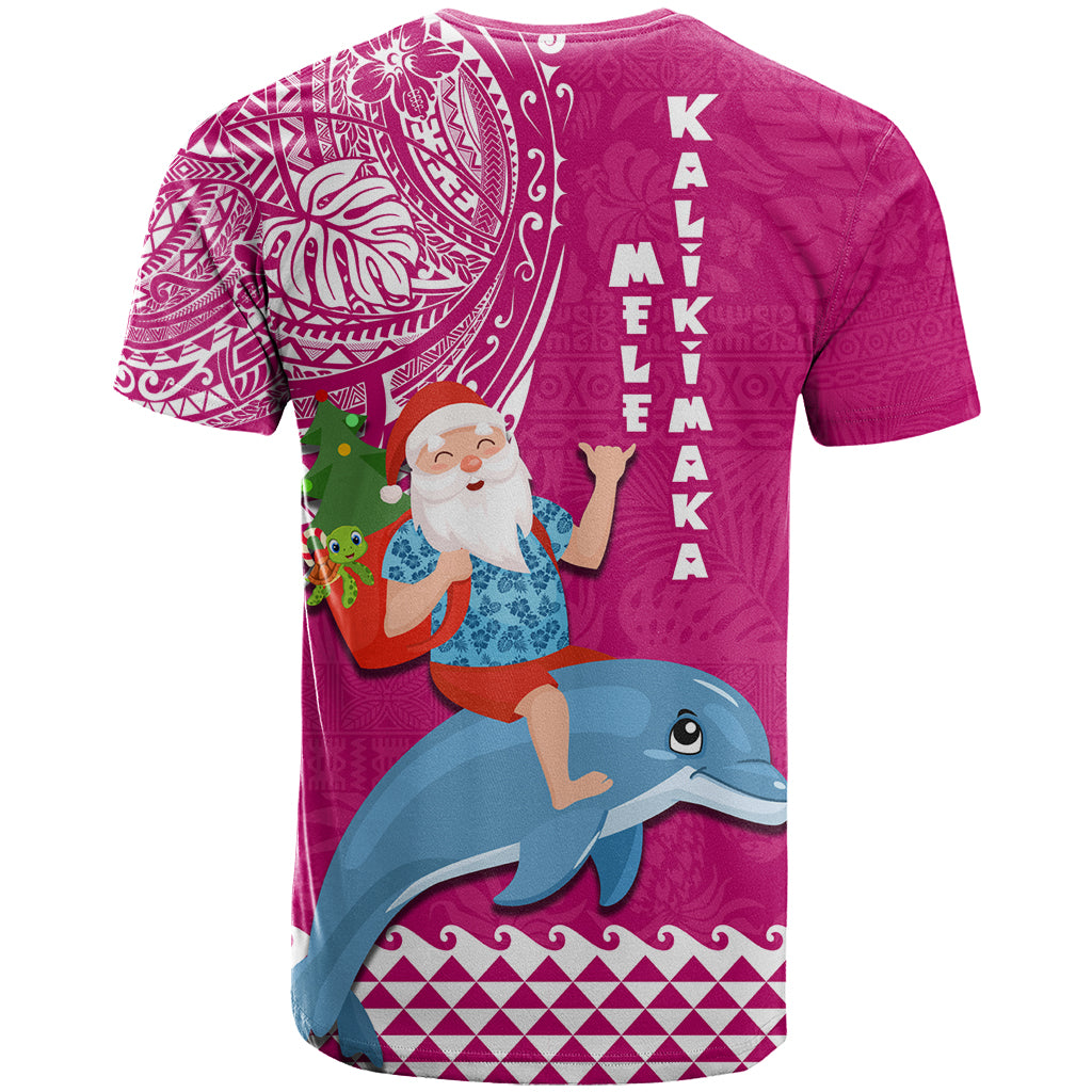 Hawaii Mele Kalikimaka T Shirt Santa Riding The DolPhin Mix Kakau Pattern Pink Style LT03 - Polynesian Pride