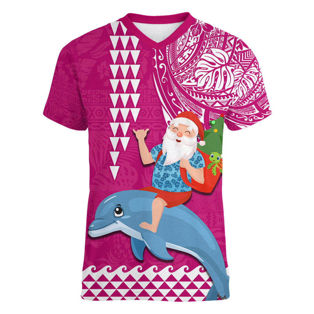 Hawaii Mele Kalikimaka Women V Neck T Shirt Santa Riding The DolPhin Mix Kakau Pattern Pink Style LT03 Female Pink - Polynesian Pride