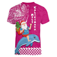 Hawaii Mele Kalikimaka Women V Neck T Shirt Santa Riding The DolPhin Mix Kakau Pattern Pink Style LT03 - Polynesian Pride