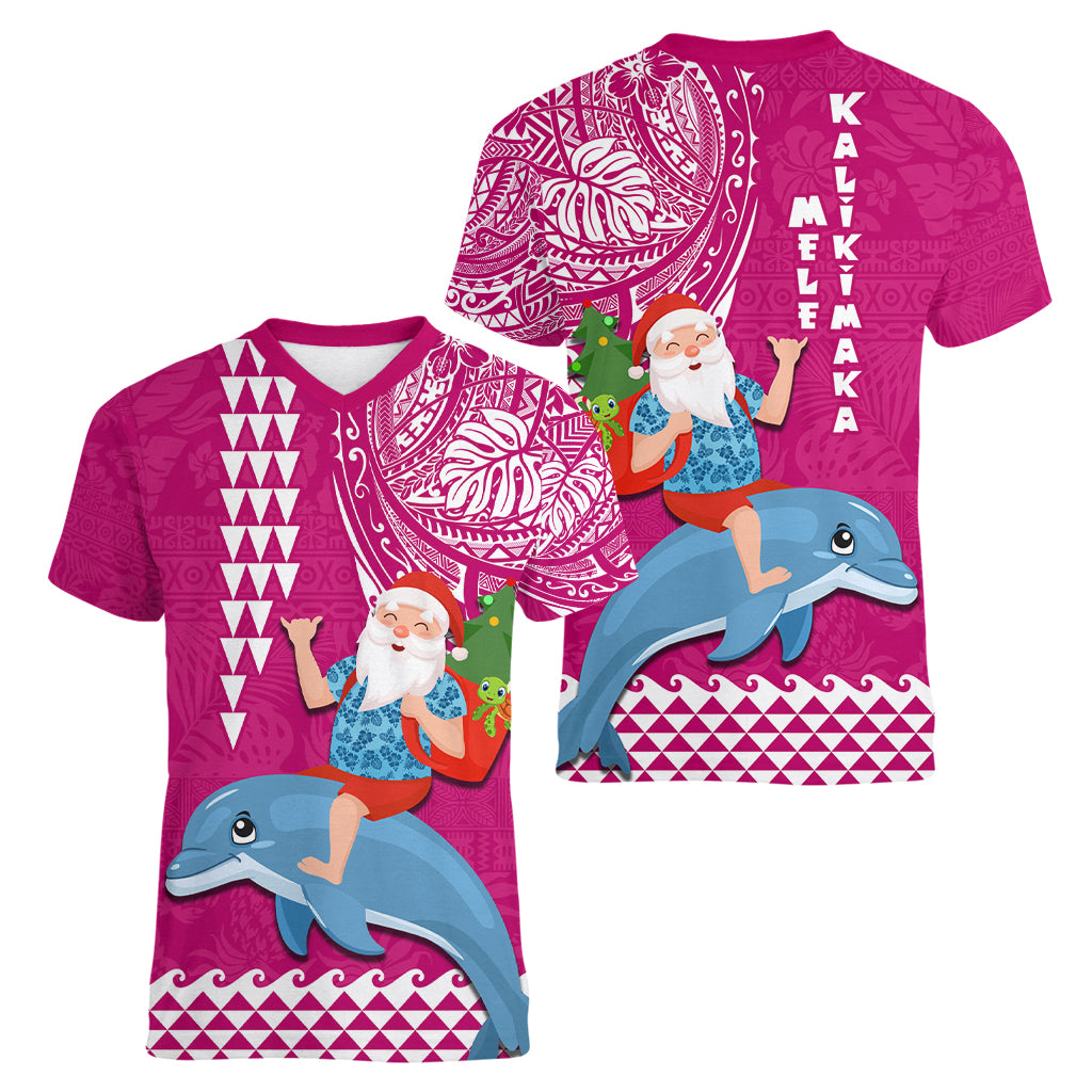Hawaii Mele Kalikimaka Women V Neck T Shirt Santa Riding The DolPhin Mix Kakau Pattern Pink Style LT03 - Polynesian Pride
