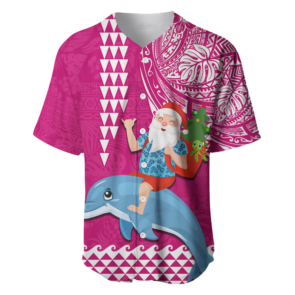 Custom Hawaii Mele Kalikimaka Baseball Jersey Santa Riding The DolPhin Mix Kakau Pattern Pink Style LT03 Pink - Polynesian Pride