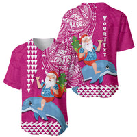 Custom Hawaii Mele Kalikimaka Baseball Jersey Santa Riding The DolPhin Mix Kakau Pattern Pink Style LT03 - Polynesian Pride