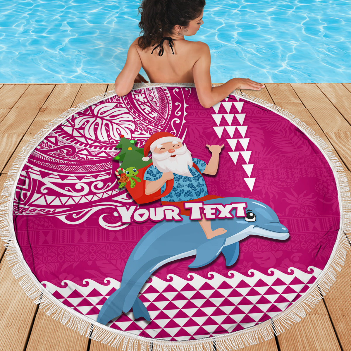 Custom Hawaii Mele Kalikimaka Beach Blanket Santa Riding The DolPhin Mix Kakau Pattern Pink Style LT03 - Polynesian Pride