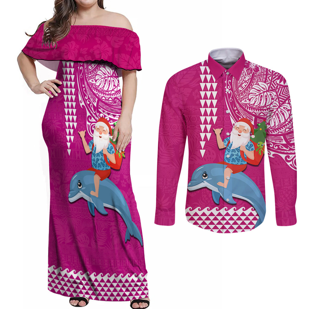 Custom Hawaii Mele Kalikimaka Couples Matching Off Shoulder Maxi Dress and Long Sleeve Button Shirt Santa Riding The DolPhin Mix Kakau Pattern Pink Style LT03 Pink - Polynesian Pride