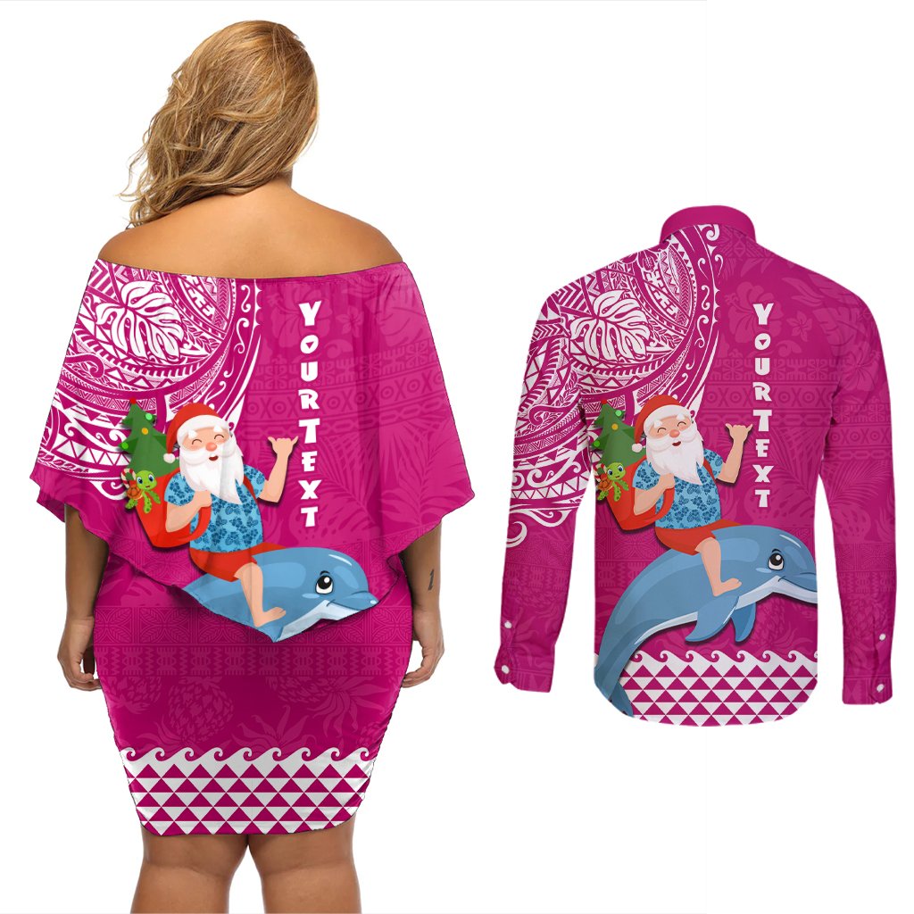 Custom Hawaii Mele Kalikimaka Couples Matching Off Shoulder Short Dress and Long Sleeve Button Shirt Santa Riding The DolPhin Mix Kakau Pattern Pink Style LT03 - Polynesian Pride