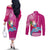 Custom Hawaii Mele Kalikimaka Couples Matching Off The Shoulder Long Sleeve Dress and Long Sleeve Button Shirt Santa Riding The DolPhin Mix Kakau Pattern Pink Style LT03 - Polynesian Pride