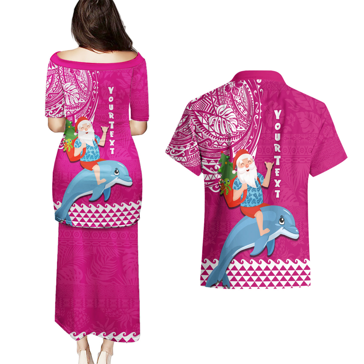 Custom Hawaii Mele Kalikimaka Couples Matching Puletasi Dress and Hawaiian Shirt Santa Riding The DolPhin Mix Kakau Pattern Pink Style LT03 - Polynesian Pride
