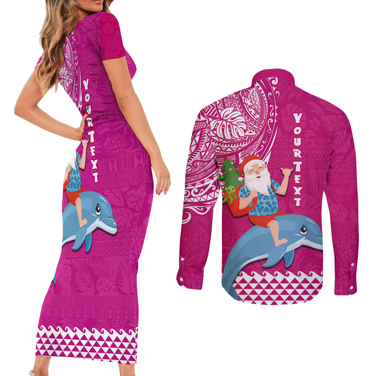 Custom Hawaii Mele Kalikimaka Couples Matching Short Sleeve Bodycon Dress and Long Sleeve Button Shirt Santa Riding The DolPhin Mix Kakau Pattern Pink Style LT03 - Polynesian Pride