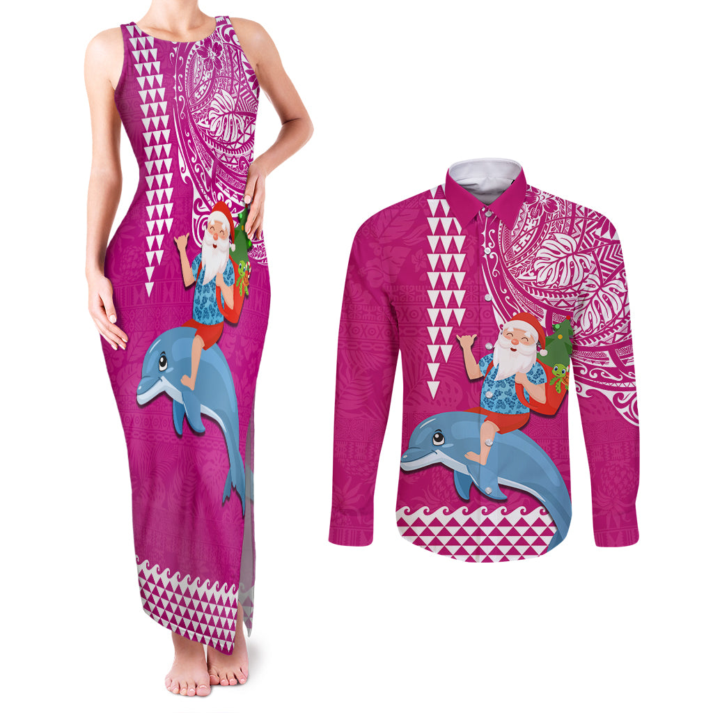 Custom Hawaii Mele Kalikimaka Couples Matching Tank Maxi Dress and Long Sleeve Button Shirt Santa Riding The DolPhin Mix Kakau Pattern Pink Style LT03 Pink - Polynesian Pride