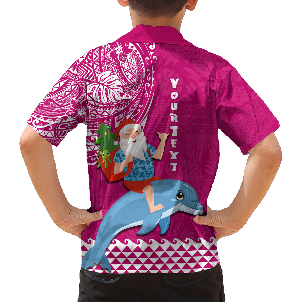 Custom Hawaii Mele Kalikimaka Family Matching Long Sleeve Bodycon Dress and Hawaiian Shirt Santa Riding The DolPhin Mix Kakau Pattern Pink Style LT03 - Polynesian Pride