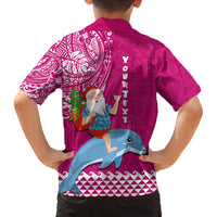 Custom Hawaii Mele Kalikimaka Family Matching Long Sleeve Bodycon Dress and Hawaiian Shirt Santa Riding The DolPhin Mix Kakau Pattern Pink Style LT03 - Polynesian Pride