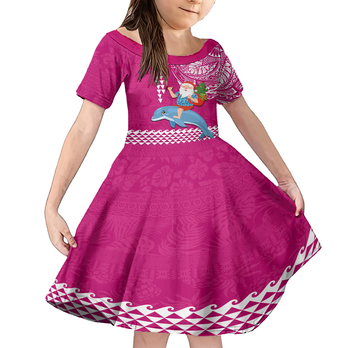 Custom Hawaii Mele Kalikimaka Family Matching Long Sleeve Bodycon Dress and Hawaiian Shirt Santa Riding The DolPhin Mix Kakau Pattern Pink Style LT03 Daughter's Dress Pink - Polynesian Pride