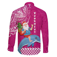 Custom Hawaii Mele Kalikimaka Family Matching Long Sleeve Bodycon Dress and Hawaiian Shirt Santa Riding The DolPhin Mix Kakau Pattern Pink Style LT03 - Polynesian Pride