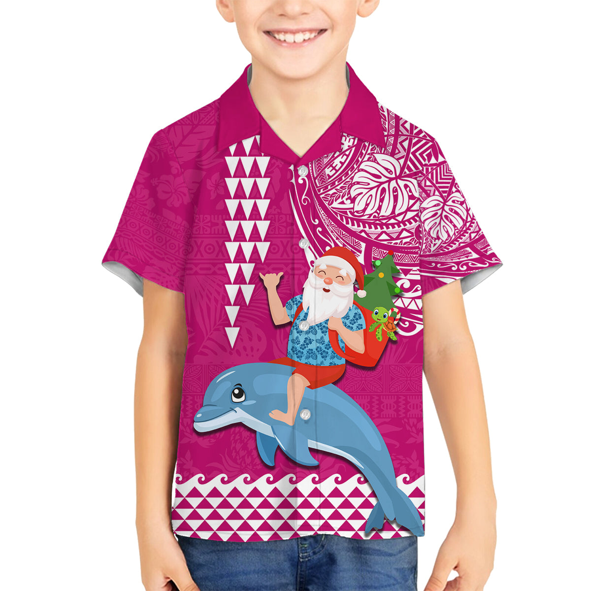 Custom Hawaii Mele Kalikimaka Family Matching Long Sleeve Bodycon Dress and Hawaiian Shirt Santa Riding The DolPhin Mix Kakau Pattern Pink Style LT03 Son's Shirt Pink - Polynesian Pride