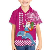 Custom Hawaii Mele Kalikimaka Family Matching Long Sleeve Bodycon Dress and Hawaiian Shirt Santa Riding The DolPhin Mix Kakau Pattern Pink Style LT03 Son's Shirt Pink - Polynesian Pride