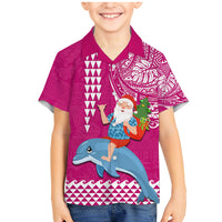 Custom Hawaii Mele Kalikimaka Family Matching Mermaid Dress and Hawaiian Shirt Santa Riding The DolPhin Mix Kakau Pattern Pink Style LT03 Son's Shirt Pink - Polynesian Pride
