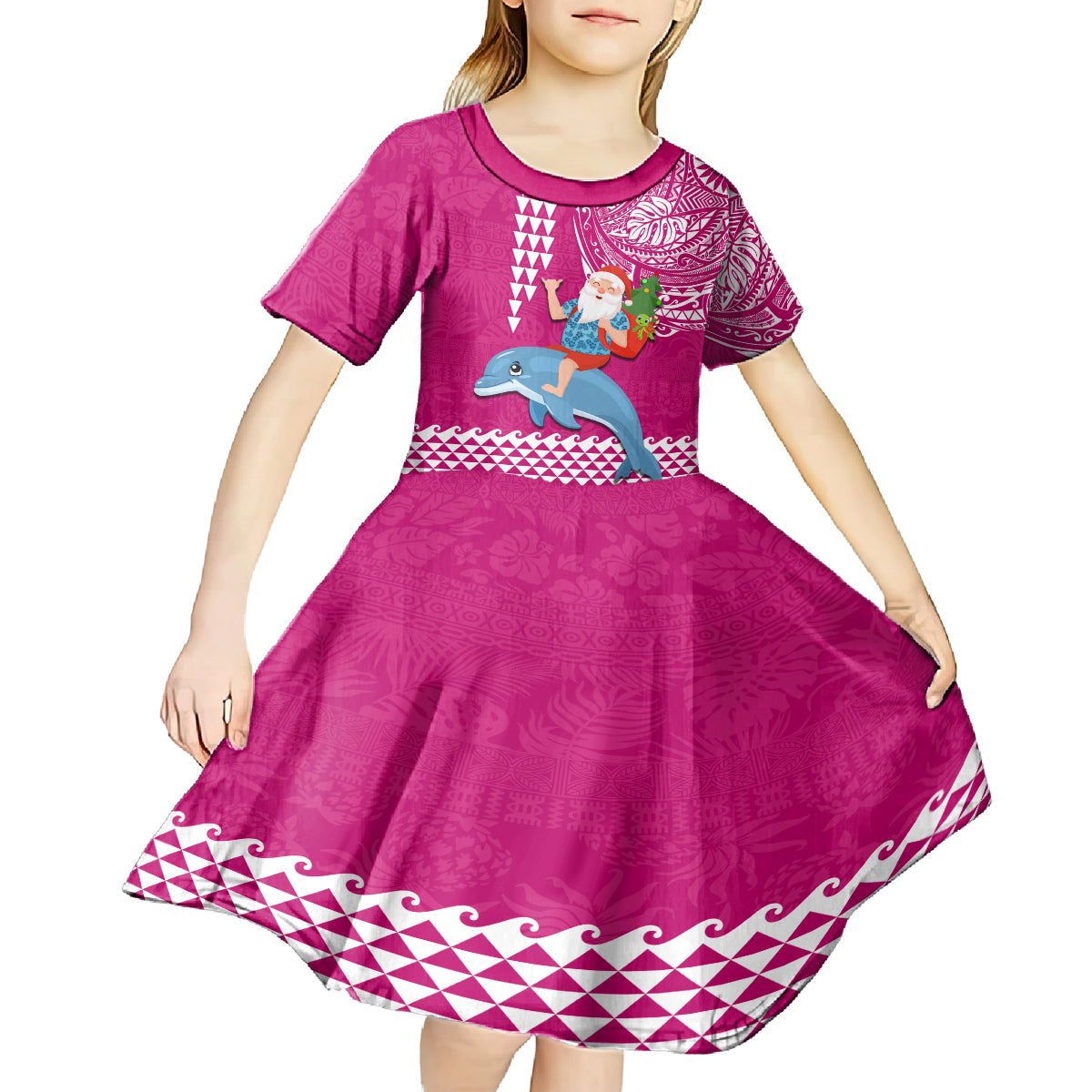 Custom Hawaii Mele Kalikimaka Kid Short Sleeve Dress Santa Riding The DolPhin Mix Kakau Pattern Pink Style LT03 - Polynesian Pride