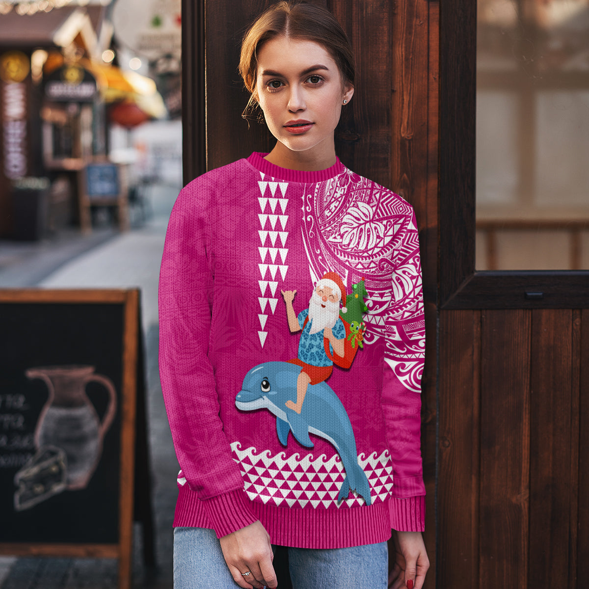 Custom Hawaii Mele Kalikimaka Ugly Christmas Sweater Santa Riding The DolPhin Mix Kakau Pattern Pink Style LT03 - Polynesian Pride