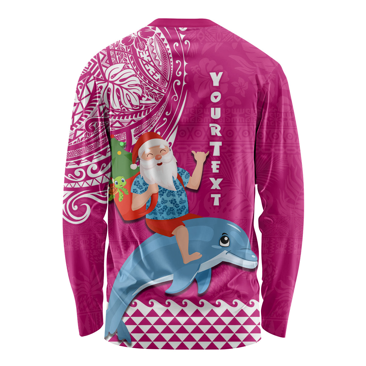 Custom Hawaii Mele Kalikimaka Long Sleeve Shirt Santa Riding The DolPhin Mix Kakau Pattern Pink Style LT03 - Polynesian Pride