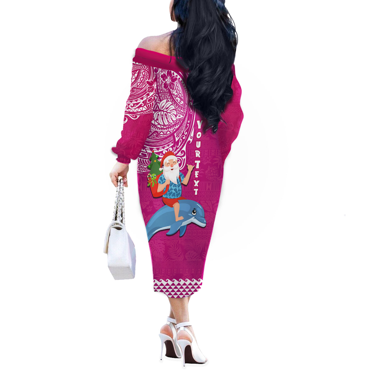 Custom Hawaii Mele Kalikimaka Off The Shoulder Long Sleeve Dress Santa Riding The DolPhin Mix Kakau Pattern Pink Style LT03 - Polynesian Pride