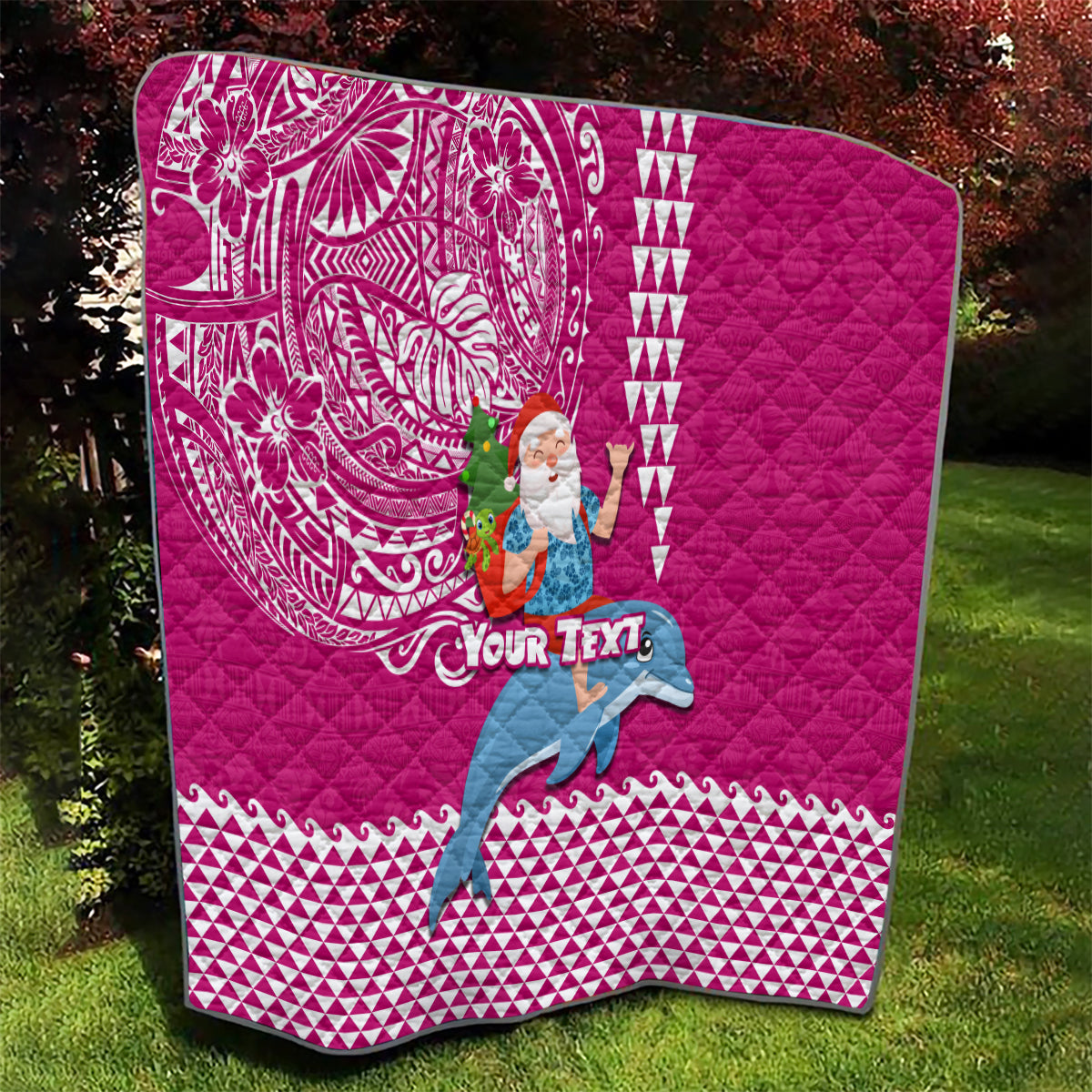 Custom Hawaii Mele Kalikimaka Quilt Santa Riding The DolPhin Mix Kakau Pattern Pink Style LT03 - Polynesian Pride