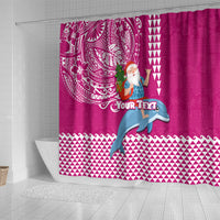 Custom Hawaii Mele Kalikimaka Shower Curtain Santa Riding The DolPhin Mix Kakau Pattern Pink Style LT03 - Polynesian Pride