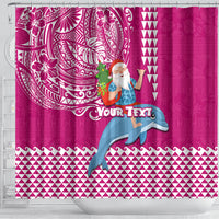 Custom Hawaii Mele Kalikimaka Shower Curtain Santa Riding The DolPhin Mix Kakau Pattern Pink Style LT03 - Polynesian Pride