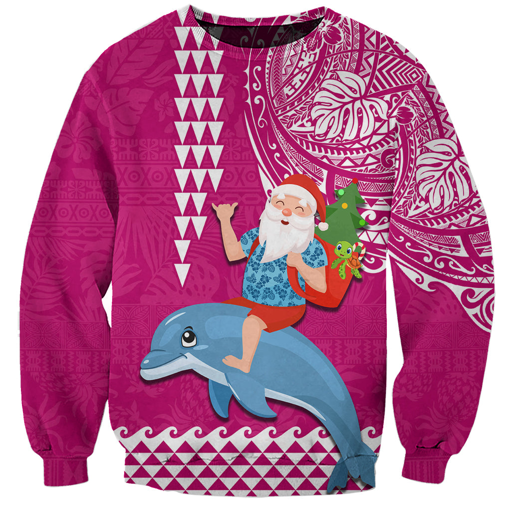 Custom Hawaii Mele Kalikimaka Sweatshirt Santa Riding The DolPhin Mix Kakau Pattern Pink Style LT03 Unisex Pink - Polynesian Pride