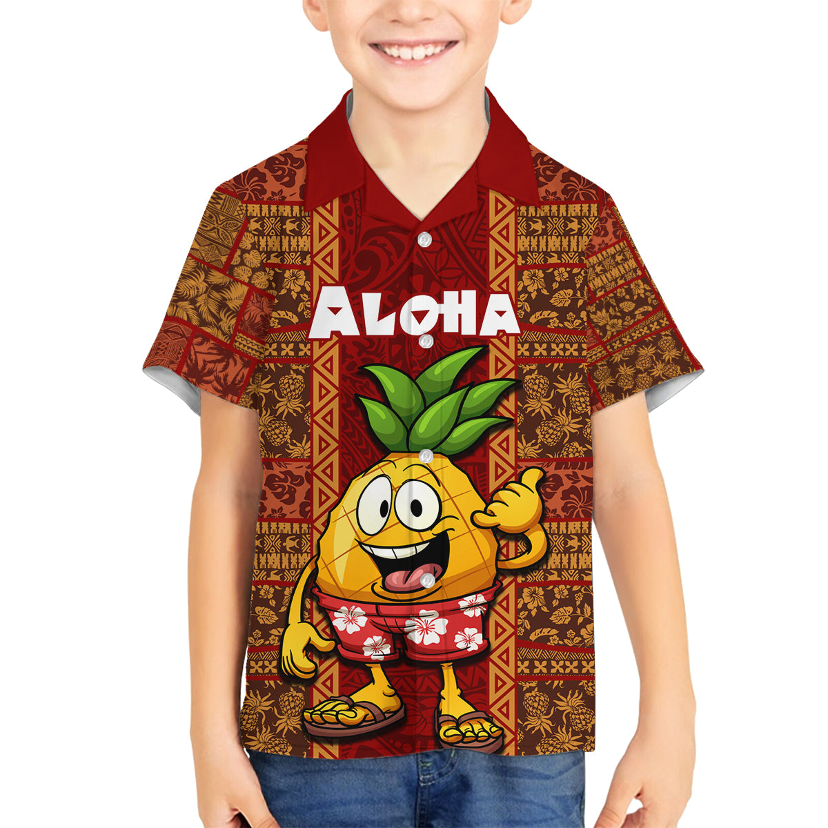 Hawaii Family Matching Long Sleeve Bodycon Dress and Hawaiian Shirt Aloha Funny Pineapple Mix Kakau Hawaiian Tribal LT03 Son's Shirt Red - Polynesian Pride