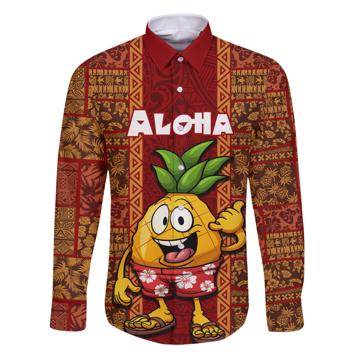 Hawaii Family Matching Mermaid Dress and Hawaiian Shirt Aloha Funny Pineapple Mix Kakau Hawaiian Tribal LT03 Dad's Shirt - Long Sleeve Red - Polynesian Pride