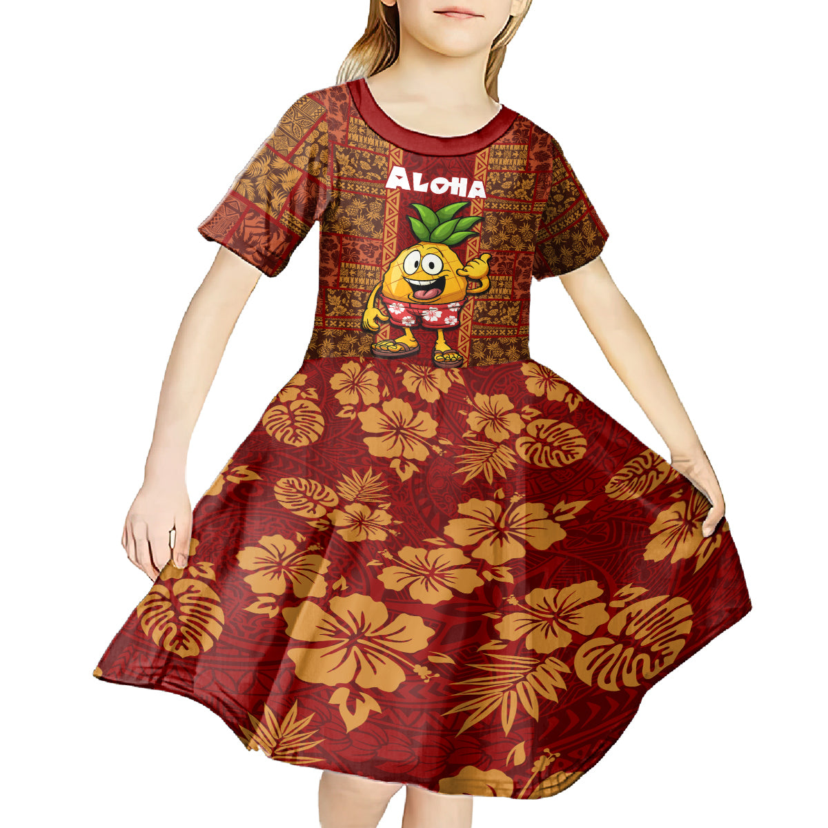 Hawaii Kid Short Sleeve Dress Aloha Funny Pineapple Mix Kakau Hawaiian Tribal LT03 - Polynesian Pride
